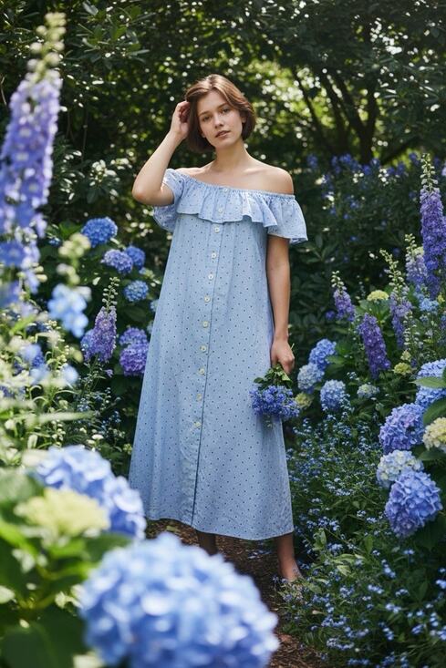 H&M Dresses & Skirts - H&M 8 Striped Blue Polka Dot Button Up Off The Shoulder Ruffle Summer Midi Dress